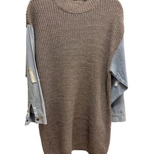 Knit Crewneck Sweater with Distressed Light Blue Denim Sleeves